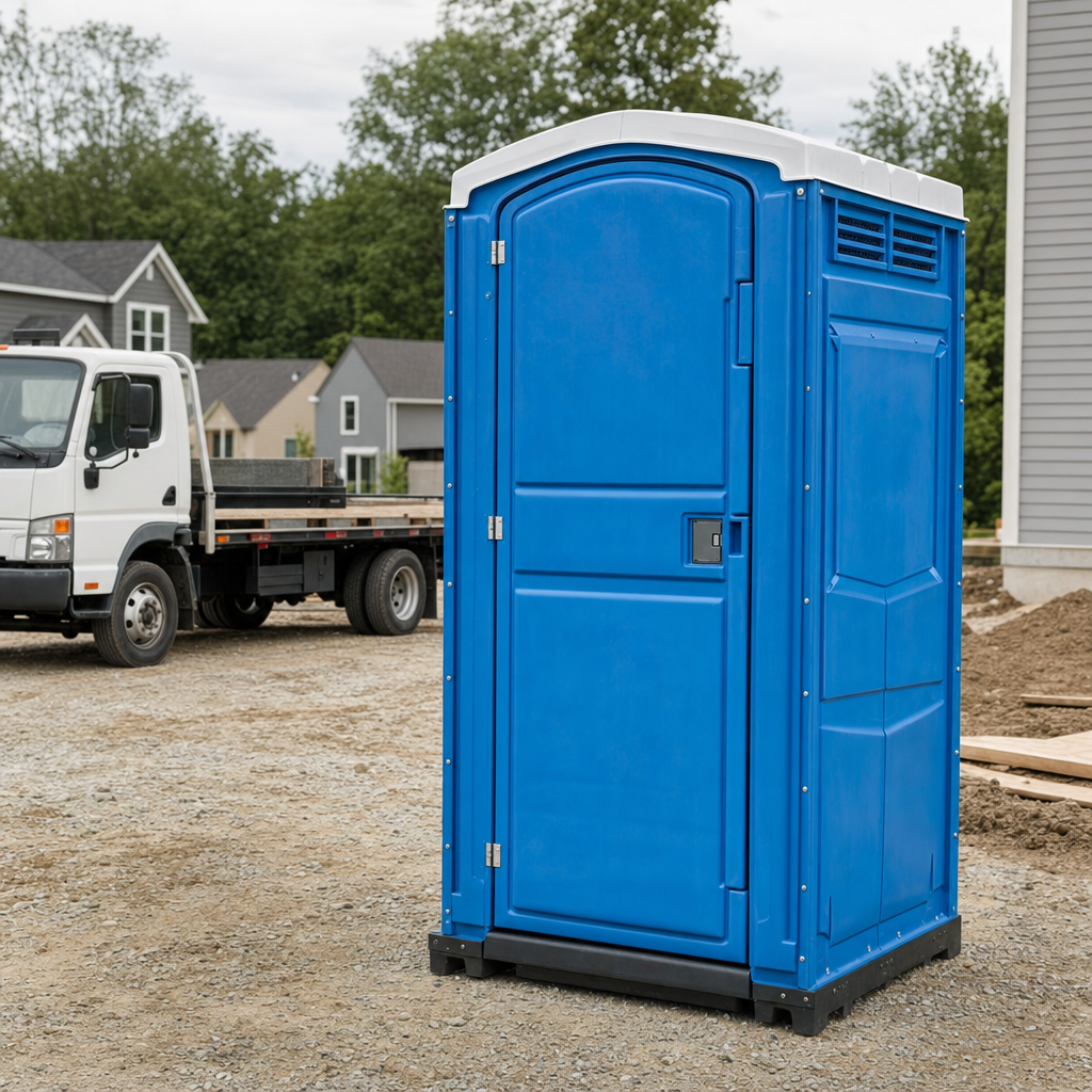 Delivery driver positioning a clean royal-blue portable toilet on level ground at a Minneapolis worksite