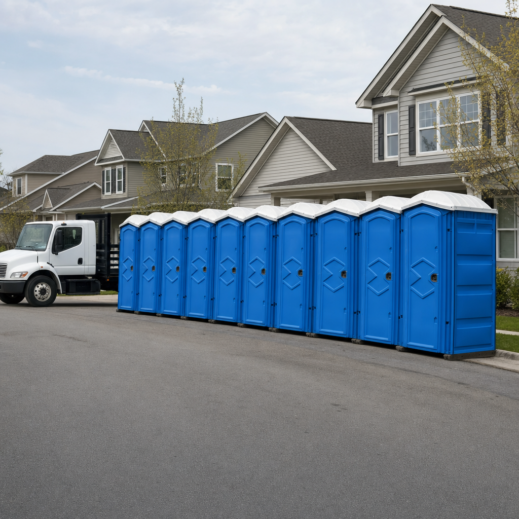Royal blue portable toilets staged in a tidy row at a Minneapolis jobsite, ready for delivery
